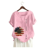 Тениски за жени флорални отпечатани памучни смеси кръгла шия бутон с къс ръкав отгоре тениска тениска горна блуза