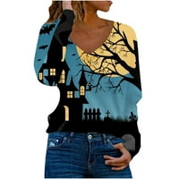 Voncos жени с дълъг ръкав върхове Блузна тениска- хлабина Небрежно есен и зима мода v Врат отпечатани Хелоуин блузи за жени Облечени синьо