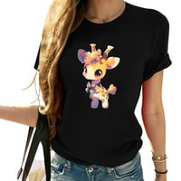 Сладка жирафна карикатура Женска небрежна винтидж графична тениска с къс ръкав със забавен печат-перфектен рожден ден или коледен подарък черен