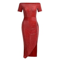 Дамски разчистване на рокля жени от рамо високо цепка плътно ежедневно солидна секси рокля с къс ръкав червен xxl a1175