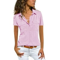 Жени фланелни ризи жени ежедневни солидни къси ръкав запушване на якички джобове копчета риза върхове V Вратни тениски за жени