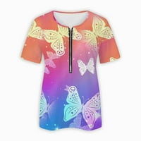 Dyegold летни върхове за жени, блузи за жени Fashion Boho Butterfly Print Tees Небрежни разхлабени основни тениски риза с къс ръкав V-образен цип Zipper Tunic Tops