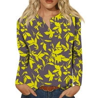 Есенни пуловери за жени големи пуловери за жени Нови бутони якички Модни печат с дълги ръкави ретро тениска с тънка тениски върхове жълти 3XL