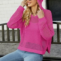 Wyongtao Женски падане V Врат дълъг ръкав пуловер плетен небрежен издълбан от твърд цветен пуловер Топс горещо розово m