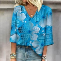 Apepal женски v Врат ръкав Небрежни върхове Плиски флорални тениски на тениски туники блузи сини s