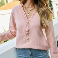 Дамски пуловери O-Neck Button Button Down пуловери Небрежно плетещо пуловер върхове розов размер m