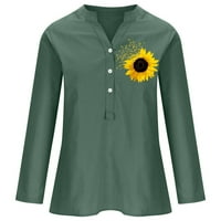 Женски блузи с дълъг ръкав Слънчогледов отпечатан памук и ленени ризи удобни копчета отпред v Врат свободно прилепване ежедневна тениска зелена xl