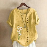 Ханас оглавява женските летни ризи, ежедневни маргаритки за маргаритка с къси ръкави, модни копчета за кръгла шия свободни годни основни тениски отгоре жълт m