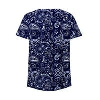 Ханас оглавява модерните летни тениски, цветя и ретро отпечатана туника с кръгла шия, къса ръкав Разхлабени плисирани бутони Тий отгоре тъмно синьо2 м