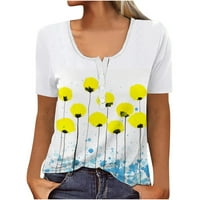 Модни разпуснати върхове на жените модни флорални отпечатани тийнейджъри летни ризи с къс ръкав v Врат пуловер Небрежно удобно бутон Облекло Продажба Жълт XL