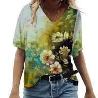 Полиестер западни тениски за жени с v-образно деколте с къс ръкав графично флорално зелено xx-голям