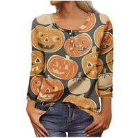 Хелоуин суичъри за жени Женски есенни модни ризи с дълъг ръкав за жени Хелоуин модел печат графични тийнейджъри блузи ежедневни плюс размер основни върхове пуловер оранжев XL