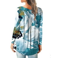 Плюс размери върхове за жени падат небрежна тениска отпечатана дълъг ръкав кръгла шия руч бутон пуловер на блуза върхове син XL