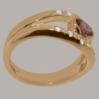 Британски направени 14K Rose Gold Natural Pink Tourmaline & Cubic Zirconia дамска лента пръстен - Опции за размер - размер 10
