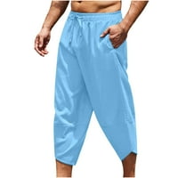 Мъжки твърди Памучни ленени панталони шнур ластик свободни заострени панталони Капри летни ежедневни панталони с джобове