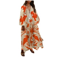 Женски моден ежедневен бохемски стил V-образно деколте с дълги рокли с дълги рокли, портокал, портокал