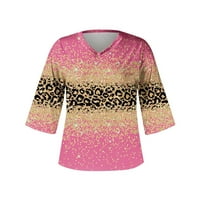 Funicet дамски есенни върхове секси ръкав леопард отпечатан дълбок v шия блуза ежедневно свободно годни туники тениски