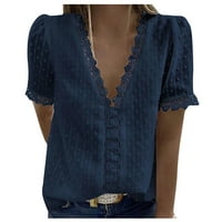 -Shirts for Womens Tops Women Fashion Lace Floral Print с къс ръкав Небрежна тениска V-образен твърд цвят отгоре