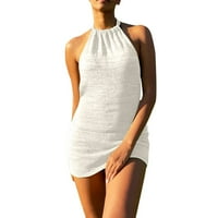 Летни рокли за жени без ръкави мини темперамент отпечатана а-линия макет рокля от врата бяло m
