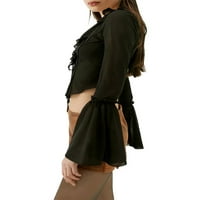 Y2k жени мрежа чист тънък год с ниско рязане върхове за вратовръзка предни жилетка за блуза с дълъг ръкав отгоре