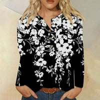Големи тениски ризи за жени стабилно облекло Женски бутон яка модна печат с дълги ръкави ретро тениска с тънка горна максимална върхове черни 3xl