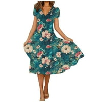 Дамски летни ежедневни модни флорални щампи с къс ръкав в-врата Суинг рокля Бохемски Флоу рокли за жени