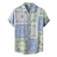 Б91хз мъжки ризи с къс ръкав Бутон надолу мъжки летни ежедневни Бохемия Принт риза с къс ръкав завой надолу яка риза мъжки ризи Светло синьо, Размер ххл