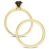 Дамски карат Т. в. черен диамант 14кт жълт златен пасианс 2 части булчински комплект