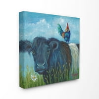 Ступел Начало декор синьо оцветени крава и петел пасище живопис платно стена изкуство