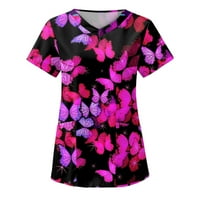 Дамски блузи жени модна пеперуда печат v-образно деколте с къси ръкави работни дрехи с джобове върхове горещо розово m