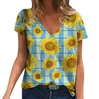 B91XZ Дамски ризи облечени ежедневни жени ежедневни летни горни топки V Врат слънчогледов тениска с тениска с къс ръкав на туника свободно прилепване плюс размер син,