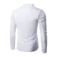 Мъжки тениски солиден цвят изправяне на яка ежедневна модна бутон плакет тънка дълга ръкави тениски ризи за мъже