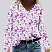 Женски моден ежедневен V Врат Удобна отпечатана с дълъг ръкав отпечатана тениска блуза с разтегателна риза жени жени
