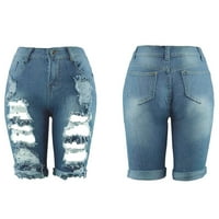 Hinvhai женски твърди дънкови шорти Pokets Hole Zipper Fringe Jeans Pants on Clearance Blue 8