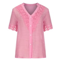 Тениски за жени хлабав годни лятото ежедневни тениска дантела пачуърк в врата пуловер блуза С къс ръкав върхове горещо розово