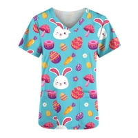 Клирънс Дамски Блузи Великденски заек с къс ръкав в-врата Униформа яйце и зайче отпечатани джобове сестрински Блуза