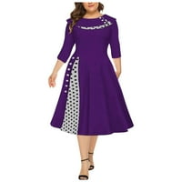 Рокли за жени модна ретро дълъг ръкав кръгла шия солиден цвят точка талия люлееща рокля тъмно лилаво s