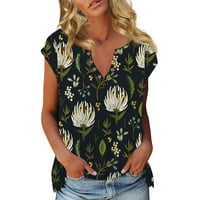 Strungten Summer Fashion Casual Boho Floral Print Небрежна тениска с къс ръкав v копчета за врата Блузна върхове за жени дамски върхове