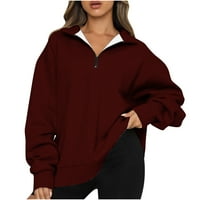 Dyegold Quarter Zip пуловер жени Небрежни дълги ръкави v Врат ли ревера яка Половина цип Суитчър свободен год Голяма есенни върхове