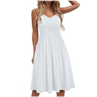 Рокли за жени ежедневни летни Спагети каишка резервоар без ръкави плажна рокля линия рокля хлабав сарафан, бял, м
