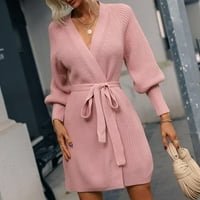 Женски пуловер палта- Дълго ръкав с дълъг ръкав твърд жилетка отворен фронт v врат елегантен секси тънки плетени върхове розово