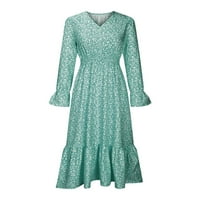 Одеерби рокли за жени есенни рокли модерни есента зима флорални дълги ръкави с v-образно деколте с разпалени ръкави рокля зелено