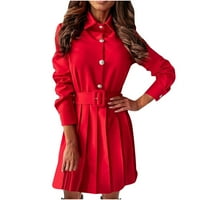 Зимни ежедневни рокли за жени дами модна ежедневна вратовръзка талия с дълги ръкави, плисирана рокля с гънка червена s