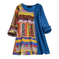 Женска риза Женски етнически вятър печат цвят сблъсък с дълъг ръкав кръгла врата пуловер сплайсинг топ тениска летни върхове за жени модерни