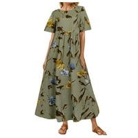 Летни рокли за жени ежедневни дребни флорални отпечатани къси ръкави с висока талия, свободна дълга Y2K рокля