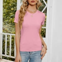 Пролетни върхове за жени модни солидни цветни квадратни тениски на шията са подложени на разхлабена тениска с къс ръкав блуза, розово, l