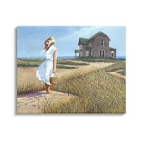 Ступел индустрии жена стои ветровит Бриз далечен плаж къща живопис галерия увити платно печат стена изкуство, дизайн от Том Миелко