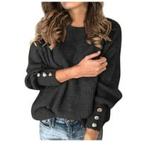 Модни жени лък яка твърди копчета ръкав плетен ежедневен пуловер топъл горен плячка качулка маслинови пуловери