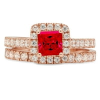 2. CT Princess Cut Red симулиран Ruby Gem Real 14K Rose Gold Персонализируем лазерно гравиране HALO Everlasting Уникален арт деко изявление Сватба Годишнина Ангажимент Булдален пръстен лента Размер 3.5