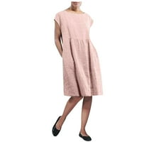 Женски рокли за без ръкави за без ръкави винтидж памучно бельо MIDI рокля с джобове свободна пола на ежедневна пола